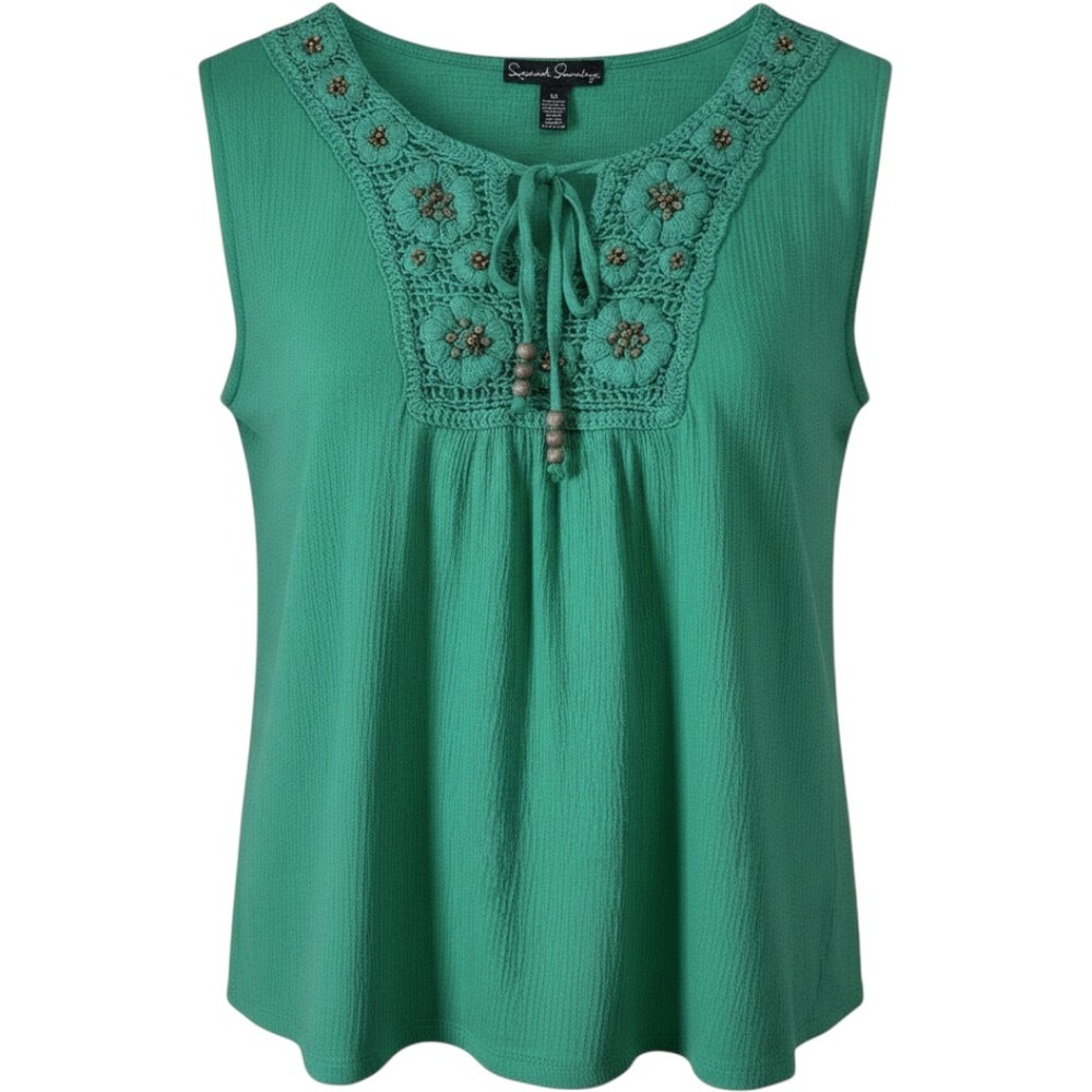 French Laundry‎ Tank Top Sleeveless Crochet Beaded Accents Green Womens 1X